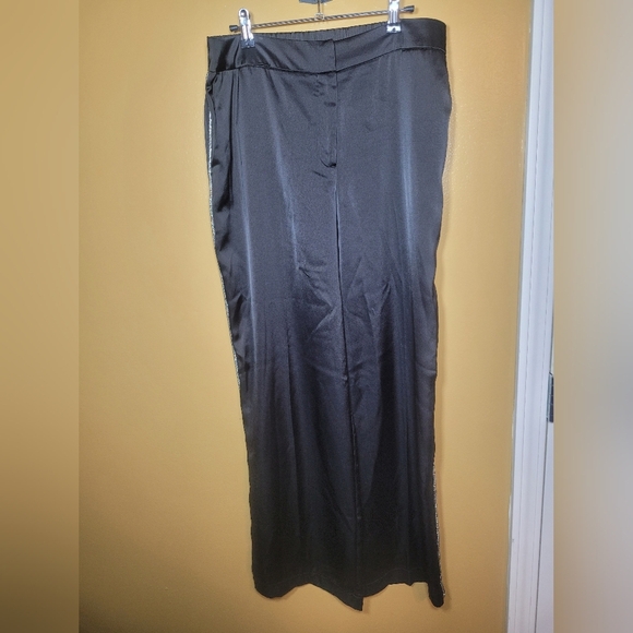 Rachel Zoe Satin Straight Leg Black Trousers Silver Trim Detailing sz 12 0799288 - Picture 1 of 12